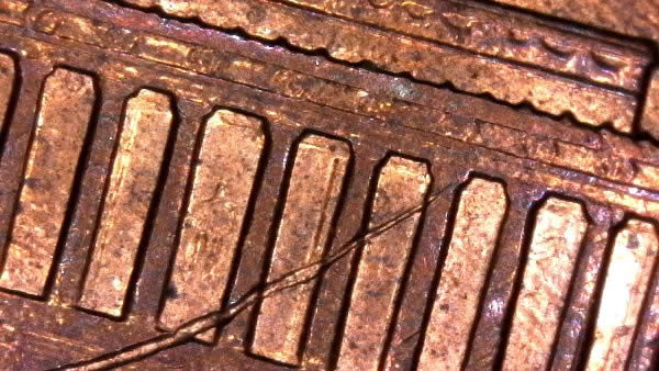 1987-P-Lincoln-Memorial-Cent-Struck-Through-Wire-Brush-Bristle-Not-PSD!